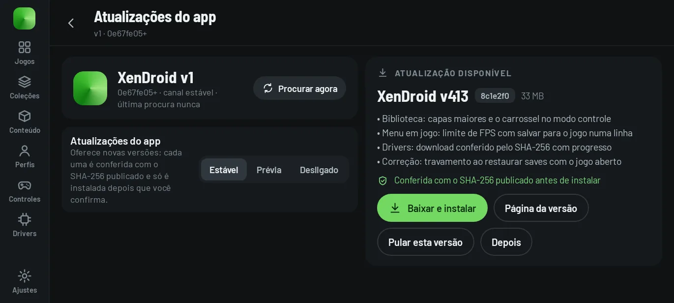 App updates: installed version, channel, last check and the update card with the steps download, check the SHA-256 and install.