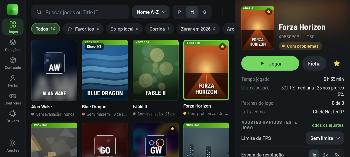 Library in touch mode, landscape: rail with the app's areas on the left, search, filters, cover grid and, on the right, the selected game's panel with Play and the quick settings.