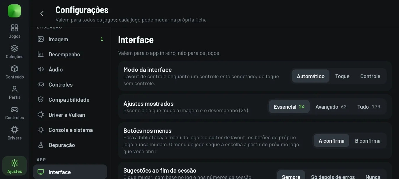 Settings in the Interface section: interface mode (Automatic, Touch, Controller), settings shown (Essential, Advanced and All, with how many settings each level shows), buttons in the menus and suggestions after a session.