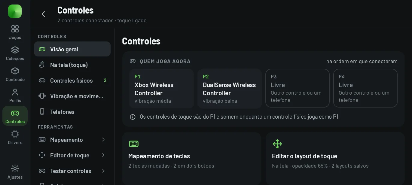 Controls area: who plays as P1 to P4, touch options, physical controllers, vibration and motion, phones and the tools.