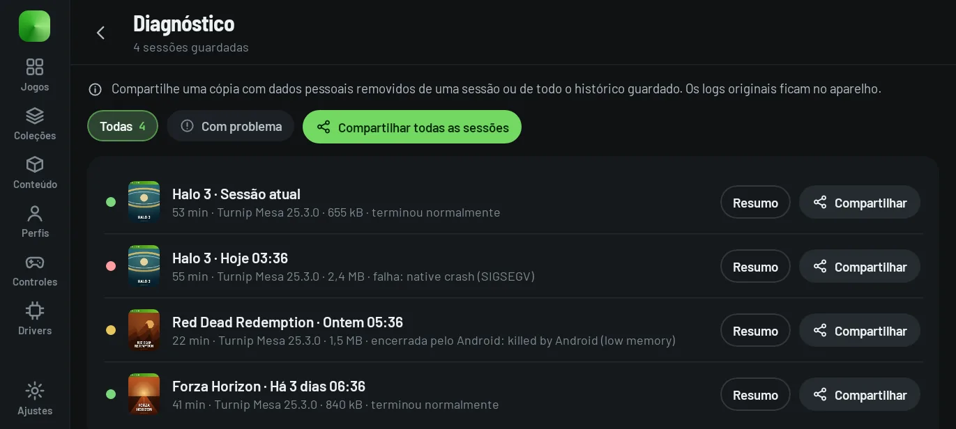 Diagnostics: saved sessions, how each one ended and the selected session's summary.