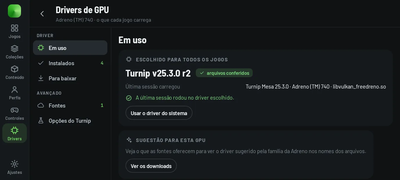 GPU drivers: the chosen driver and the one the last session loaded, installed packages, packages to download, sources and Turnip options.