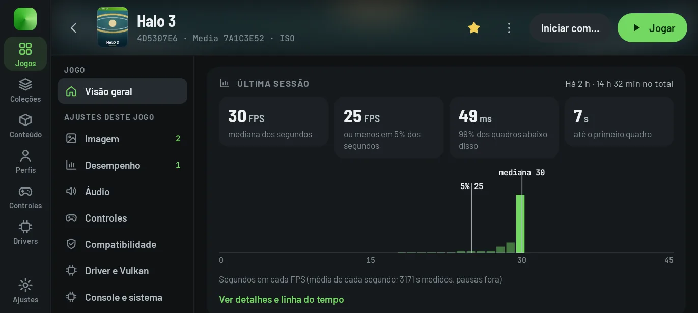 Game details: sections on the left (overview, settings groups, performance, patches and content, saves and data) and, at the top, Start with… and Play.