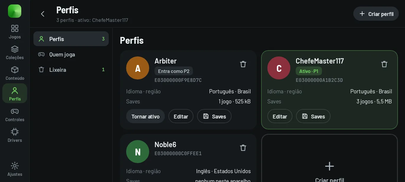 Profiles: cards with avatar, gamertag, language, region and the active profile as P1.