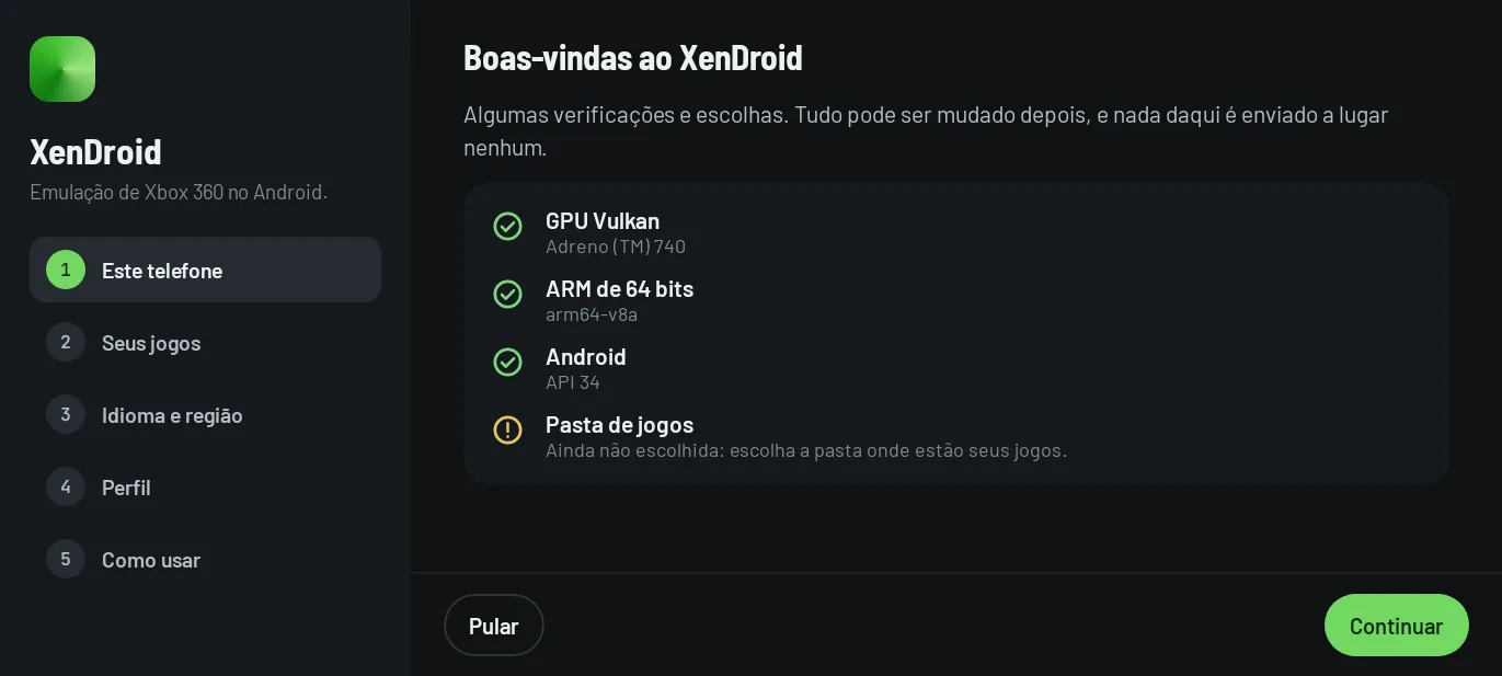 First-run assistant, This phone step: checks for a Vulkan GPU, 64-bit ARM, Android and a games folder.